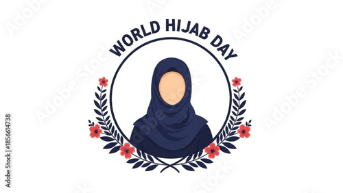World hijab day celebration with blue hijab and floral wreath on white background