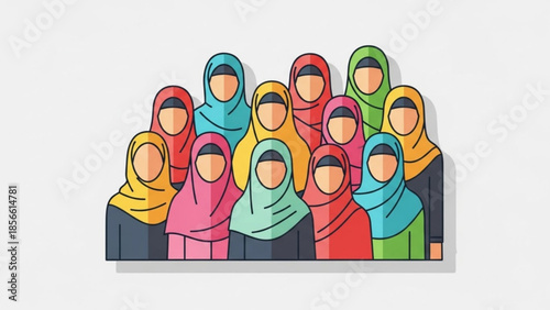 Diverse group of women wearing colorful hijabs standing together in unity and solidarity, multicultural community, religious headscarves