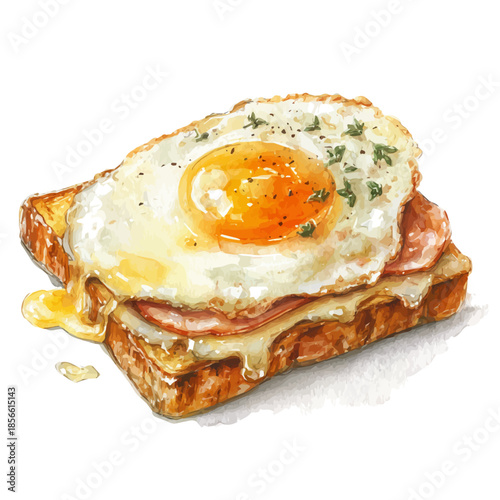 Croque Madame in watercolor style, vector illustration, isolated on white background.