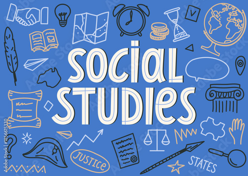 Social studies. Hand drawn lettering with educational doodle. School educational subject.