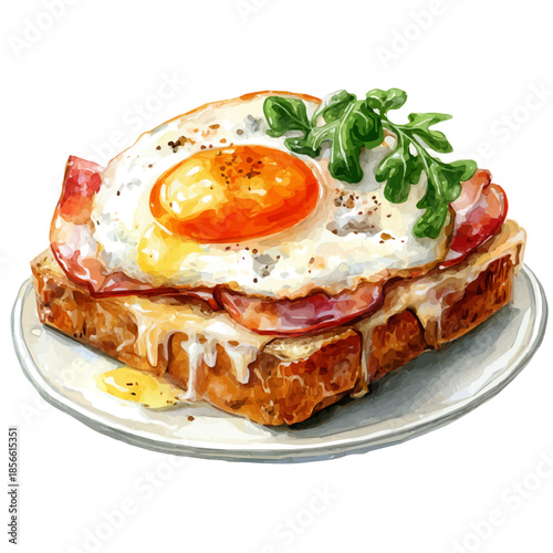 Croque Madame in watercolor painting style, vector illustration on white background.