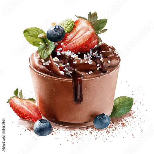 Chocolate Mousse in watercolor painting style, vector illustration on white background.