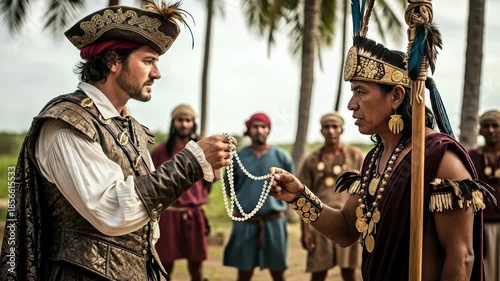 European explorer gifts white pearls to a respected Native American elder, signifying an initial cultural encounter in lush tropical environs.