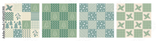 Print Set of winter-themed  Patchwork Seamless Patterns with winter Trees and Snowflakes Designed in soft green and beige tones.