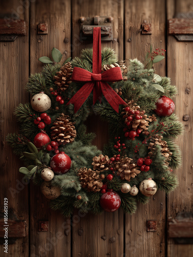 Traditional Christmas wreath made of pine branches with red ribbon and ornaments on a wooden door. Holiday decoration concept	

