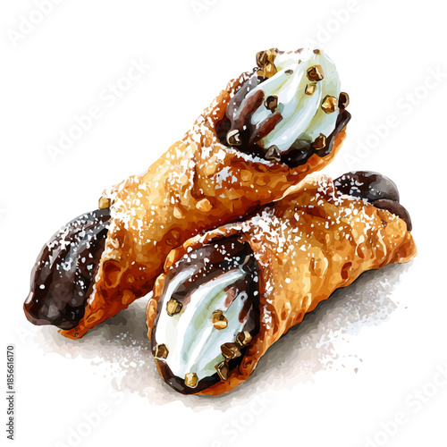 Cannoli in watercolor painting style, vector illustration on white background.