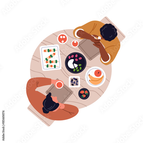 Couple at dining table, sitting and eating together. Black man and woman having meal, above top view. People sharing vegetarian food, snacks. Flat vector illustration isolated on white background