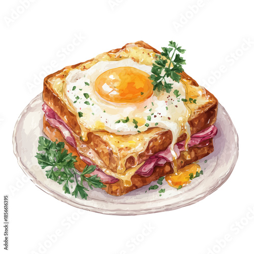 Croque Madame in watercolor style, vector illustration, isolated on white background.