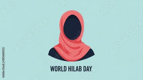 World hijab day awareness campaign with a woman wearing pink hijab on light blue background