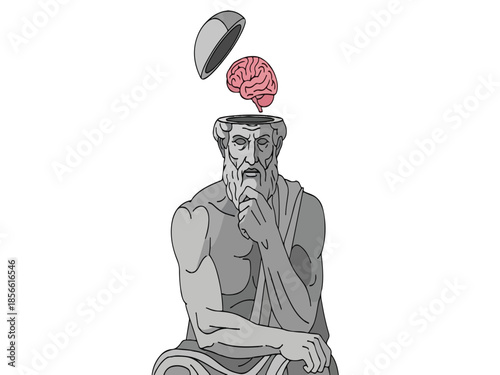Thinking ancient philosopher statue with open head revealing a human brain isolated on white.