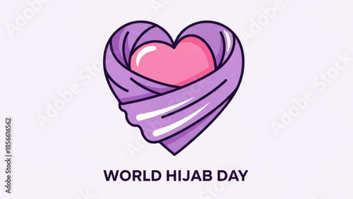 World hijab day celebration symbol with heart wrapped in purple scarf on light background