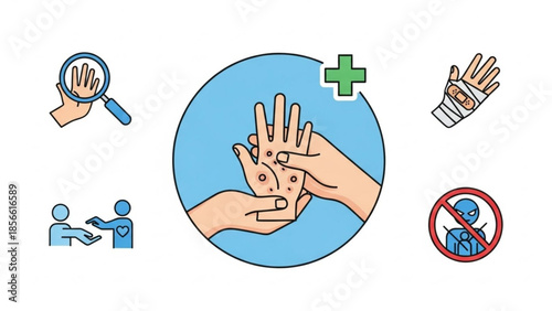 Medical hand with rash and healthcare icons for hygiene and safety measures