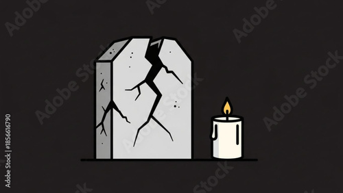 A cracked stone monument with a burning candle on a dark background symbolizing loss, grief, and remembrance in a somber mood with a single