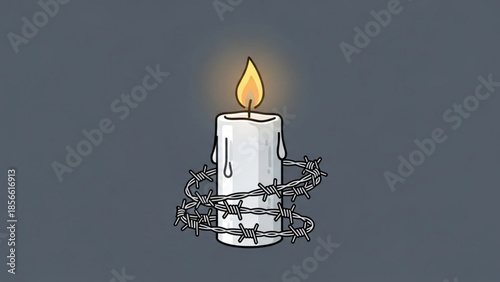 A white candle with a yellow flame wrapped in barbed wire on a dark background symbolizing hope and freedom