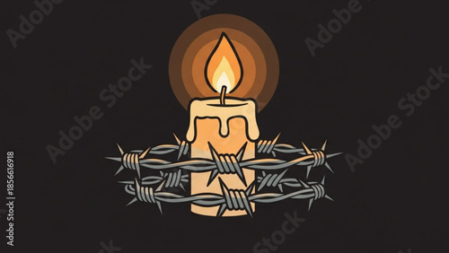 A lit candle wrapped in barbed wire on a dark background symbolizing hope and freedom