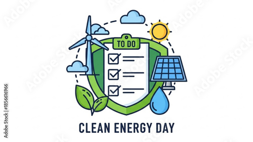 Eco friendly checklist with wind turbine solar panel and green earth on clean energy day