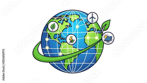 Earth with green energy symbols and leaves, representing eco friendly power sources, sustainable living, and environmental conservation globally