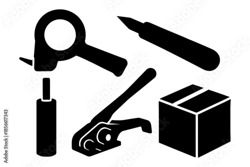 Black silhouette of packaging tools and box.