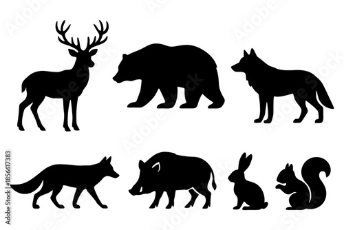 Silhouettes of forest animals: deer, bear, wolf, fox, boar, rabbit, squirrel.