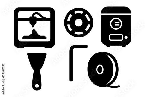 3d printer tools and accessories: spool, scraper, allen key, filament, extruder.