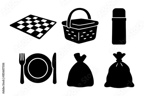 Picnic essentials icons: blanket, basket, thermos, plate, cutlery, bags.