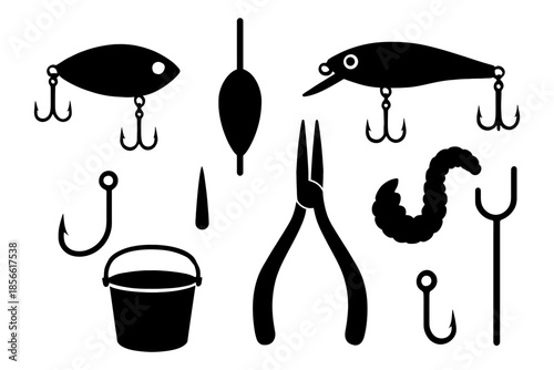 Fishing gear silhouettes collection with lures, hooks, and tools.