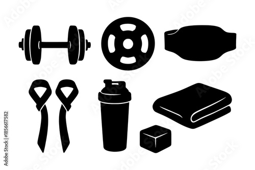 Gym equipment set: dumbbells, barbell plates, shaker, towel, lifting straps, wristbands.