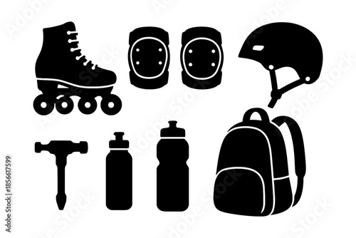 Roller skating gear: helmet, pads, rollerblades, water bottles, backpack.