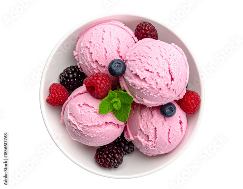 Field berry ice cream in a bowl. Isolated vista above, cut out