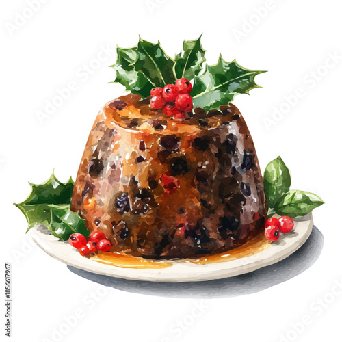 Watercolor illustration of Christmas Pudding, vector artwork, isolated on white background.