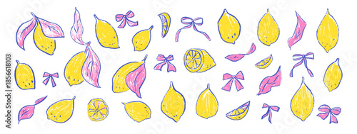 Naive kids crayon lemons and bow. Coquette whimsical citrus fruit set with Italian Amalfi coast vibes. Girly ribbons and fresh fruits. Vector lemon scribble pencil isolated no bg.