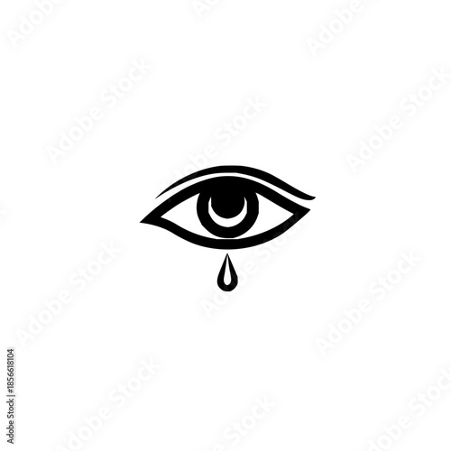 Stylized black and white drawing of a single eye with a teardrop falling from the bottom eyelid line