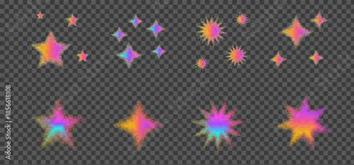 Neon stars gradient spray effects, dotted halftone grainy noise spark texture with stipple details and shimmering elements. Vector rainbow dotworks grit shapes illustration set on transparent bg.