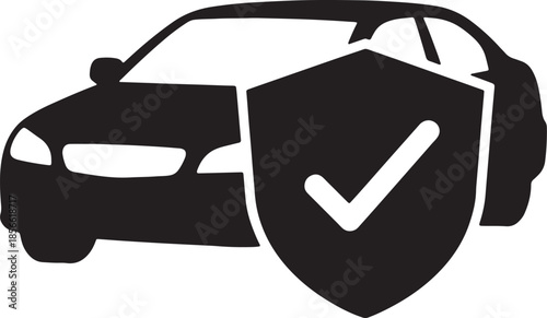 Black silhouette of a car protected by a shield with a checkmark, symbolizing car insurance, safety, protection, and secure vehicle ownership also transparent background