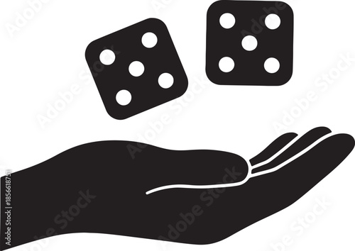Black silhouette of a hand tossing two dice in the air against a white background symbolizing luck and chance also transparent background
