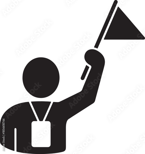 Black silhouette of a person holding a flag on a stick, wearing a lanyard with an identification badge, representing a guide also transparent background