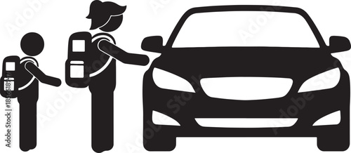 Two stick figures with backpacks are about to enter a car, depicted as black silhouettes on a white background, illustrating school commute or travel also transparent background