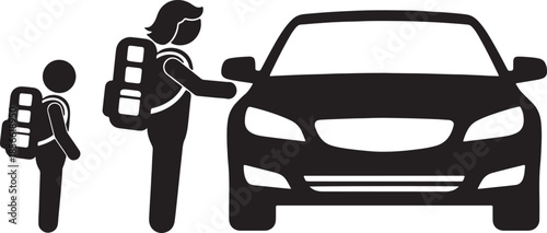 Two stylized figures with backpacks approaching a car for travel or transportation, representing journey preparation and departure also transparent background