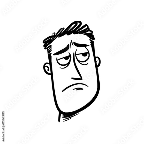 Cartoon drawing of a man with a sad expression and dark hair against a white background looking downcast