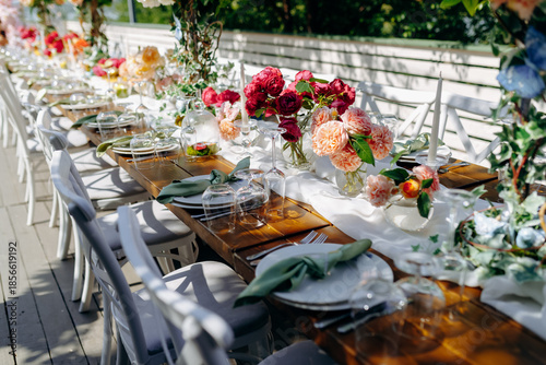 Elegant summertime celebration on sunlit exterior table