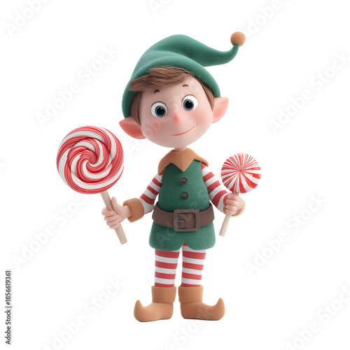 Elf cartoon character holding Christmas candy, playful expression, white isolated background
