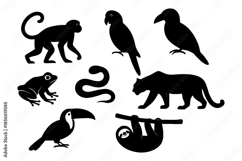 Obraz premium Silhouette collection: exotic animals including monkey, panther, and toucan.