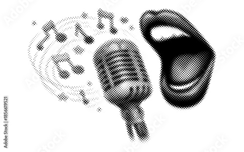 Singing Mouth with Microphone and Music Notes, Black and White Halftone Pop Art Illustration