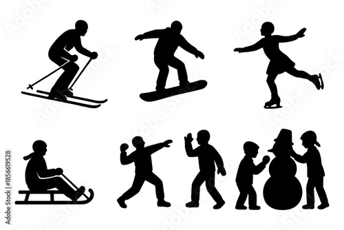 Silhouettes of winter activities: skiing, snowboarding, ice skating, sledding, snowball fight, snowman.