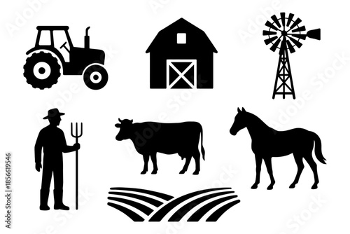 Farming silhouettes: tractor, barn, farmer, cow, horse, windmill, field.