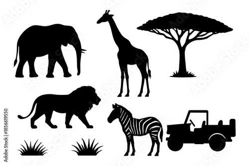 African safari silhouette scene with animals and jeep.