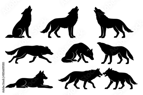 Silhouette set of wolves in various poses howling and sitting.