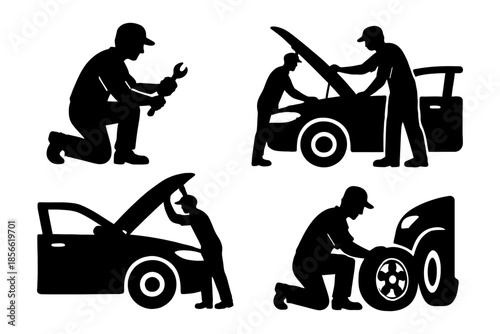 Silhouetted mechanics working on cars: repair and maintenance scenes.