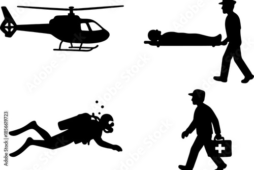 Emergency services: helicopter, paramedics, diver, and rescue mission.