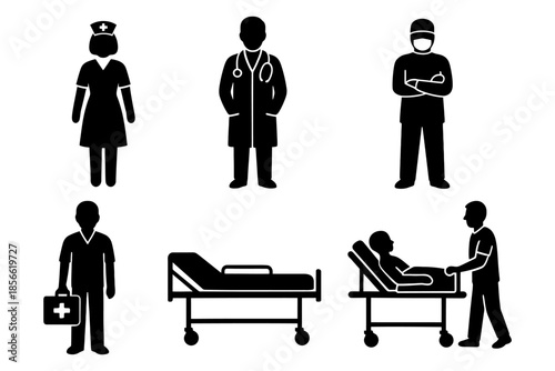 Medical staff and equipment icons: doctor, nurse, surgeon silhouettes.